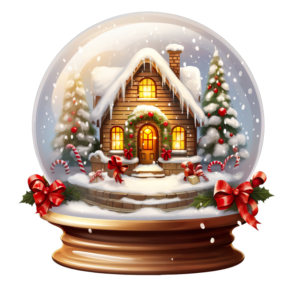 Snow globe featuring a festive house with Christmas decorations and snowy scene.