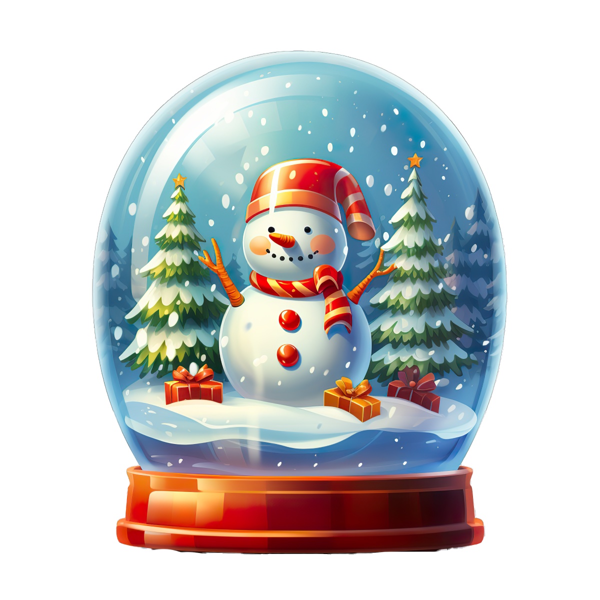 Festive snow globe containing a snowman and trees with gifts.