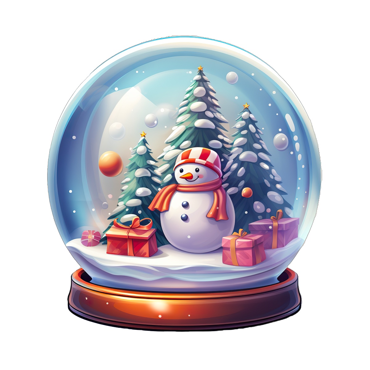 Festive snow globe with snowman, pine trees, and holiday presents inside.