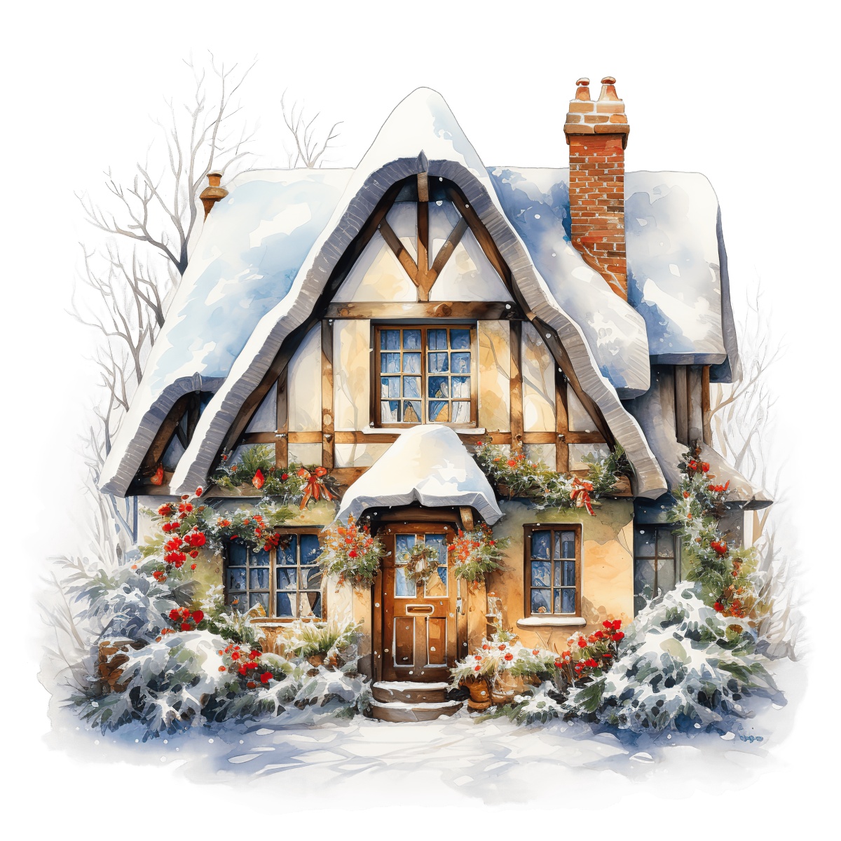 Snow-covered cottage with Christmas decorations and holly bushes.