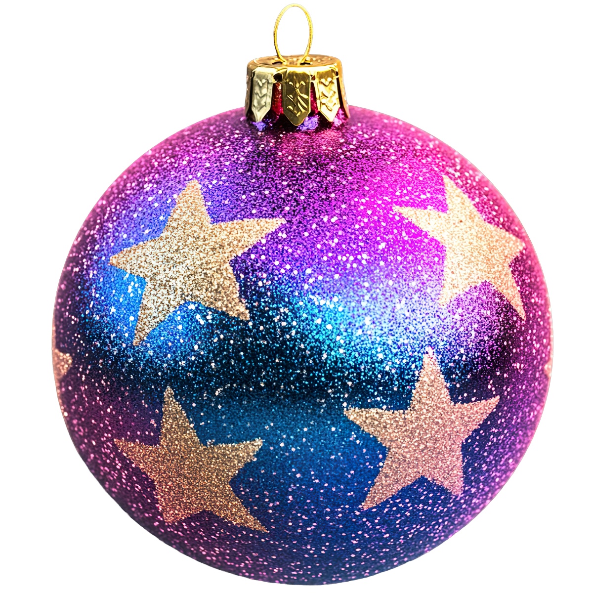 Christmas ornament with glitter and gold stars on a dark background.