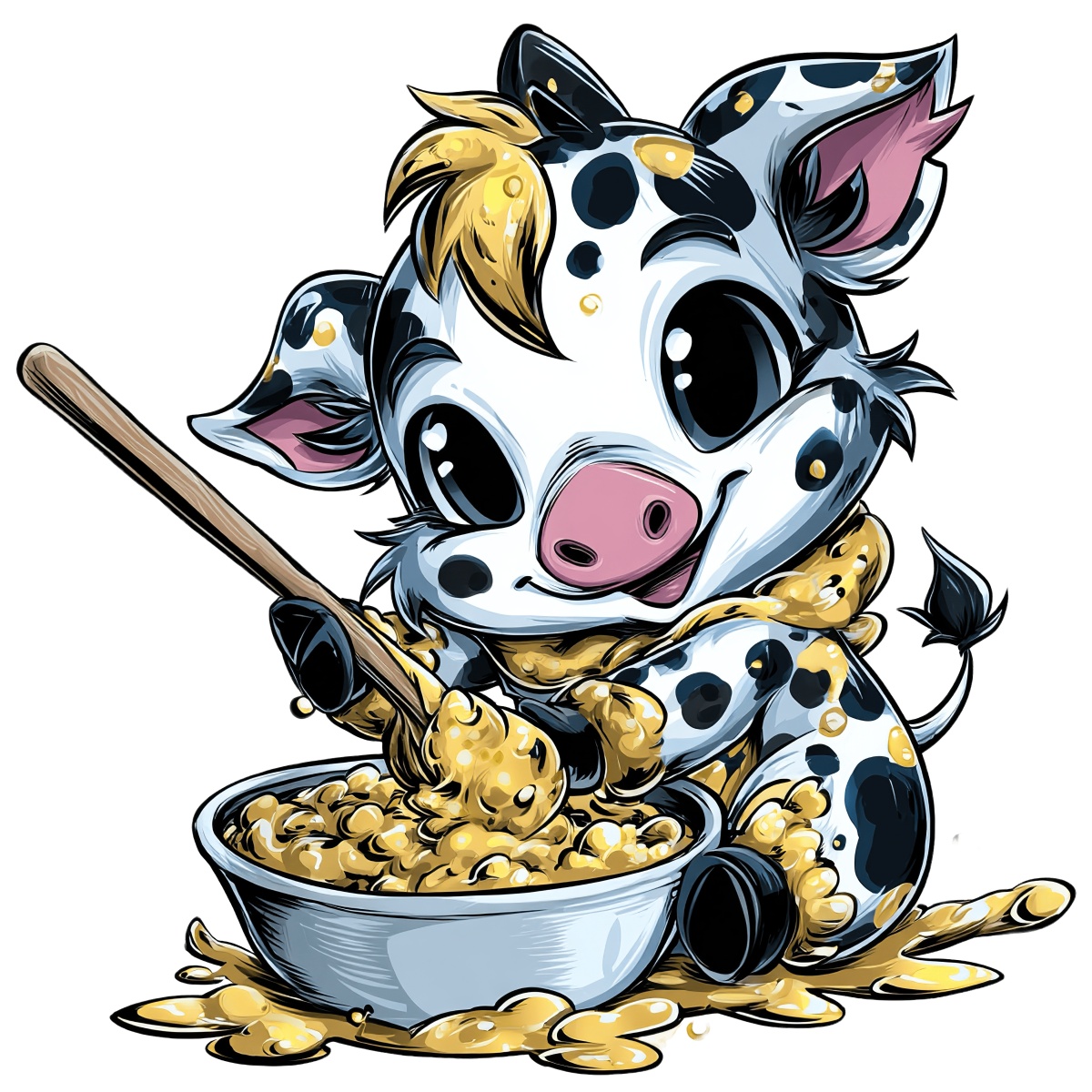 Spotted cow holding a spoon, sitting with a cereal bowl, black and white pattern.