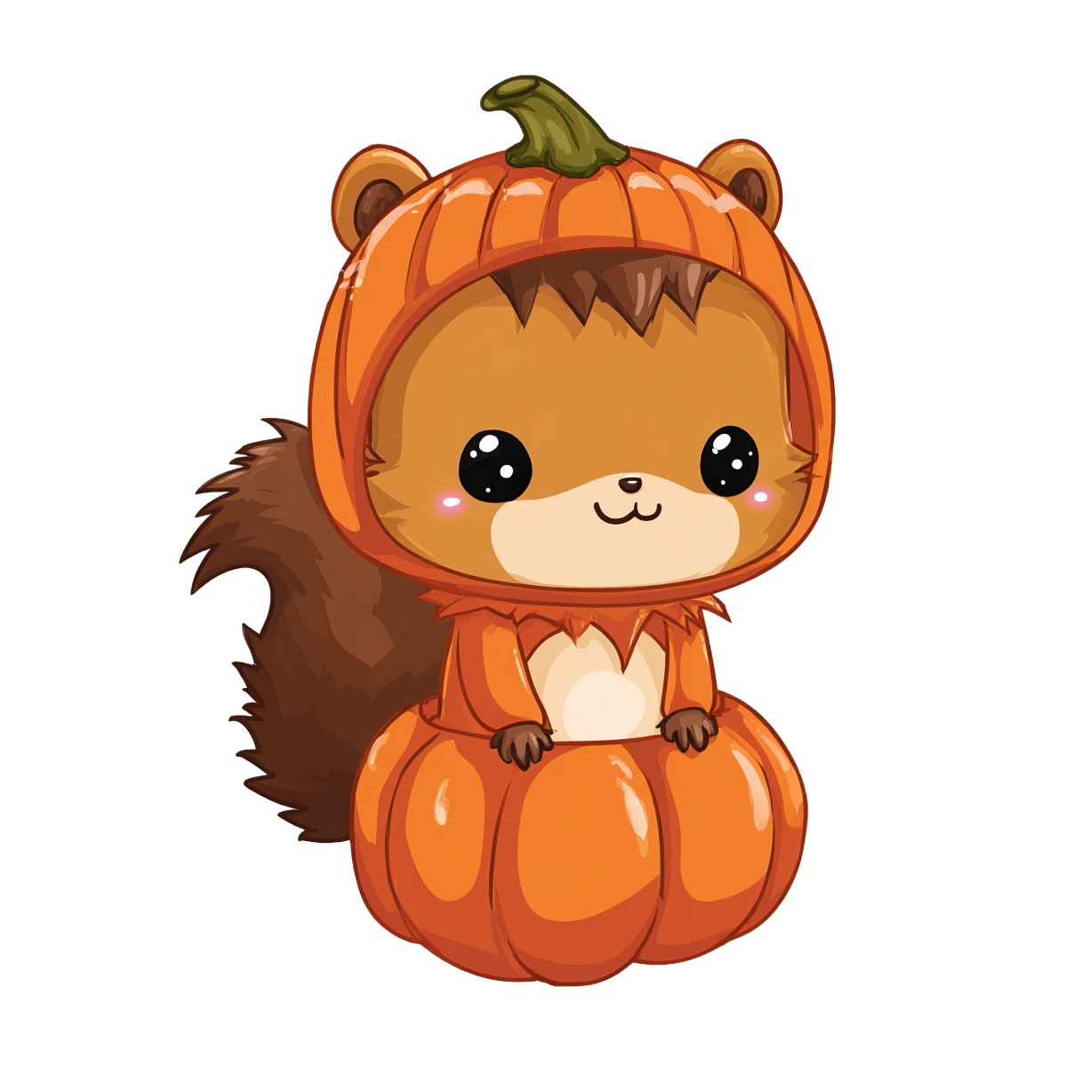 Squirrel in pumpkin outfit with brown fur and orange costume elements.