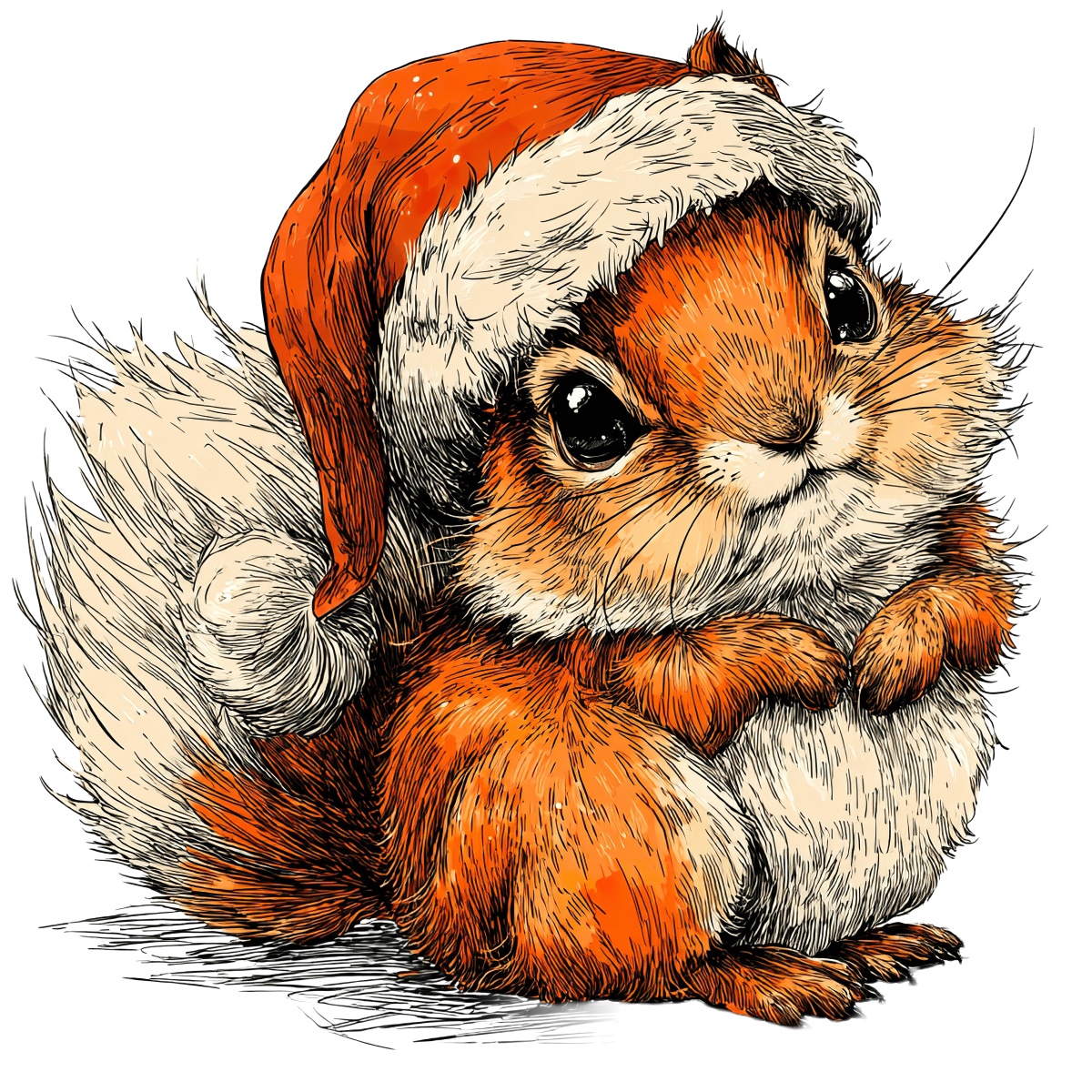 Squirrel with orange and white fur wearing a red Santa hat.