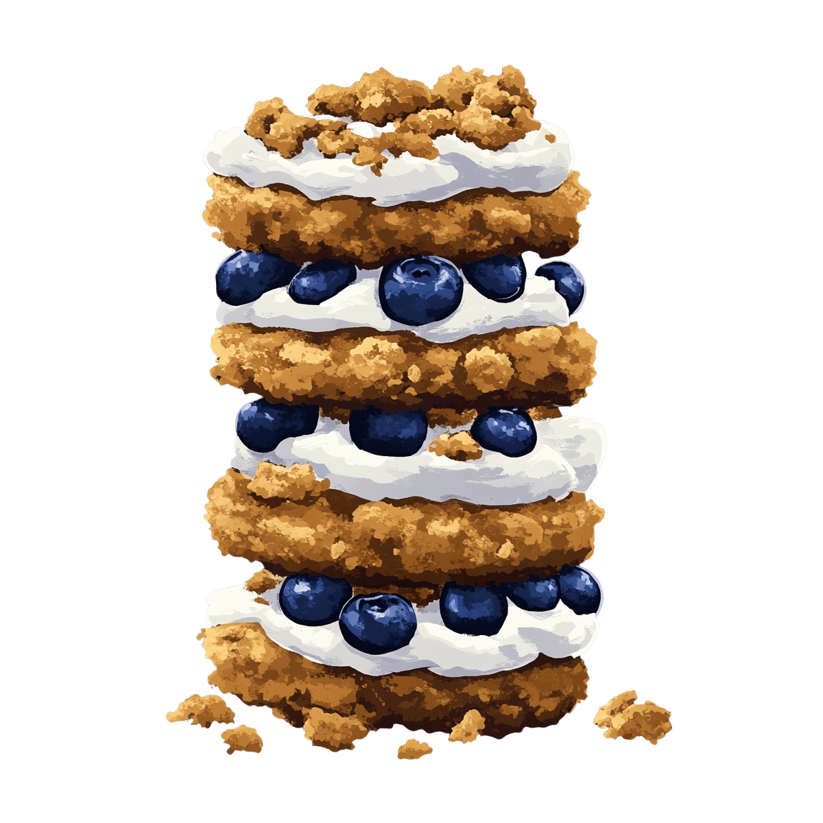 Stack of cookies with cream and blueberries in a clipart style.