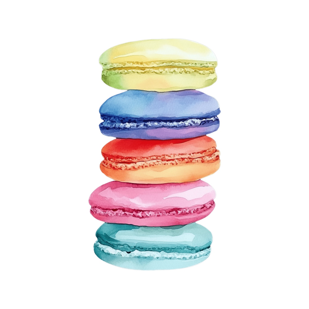 A stack of five colorful macarons illustrated in watercolor style.