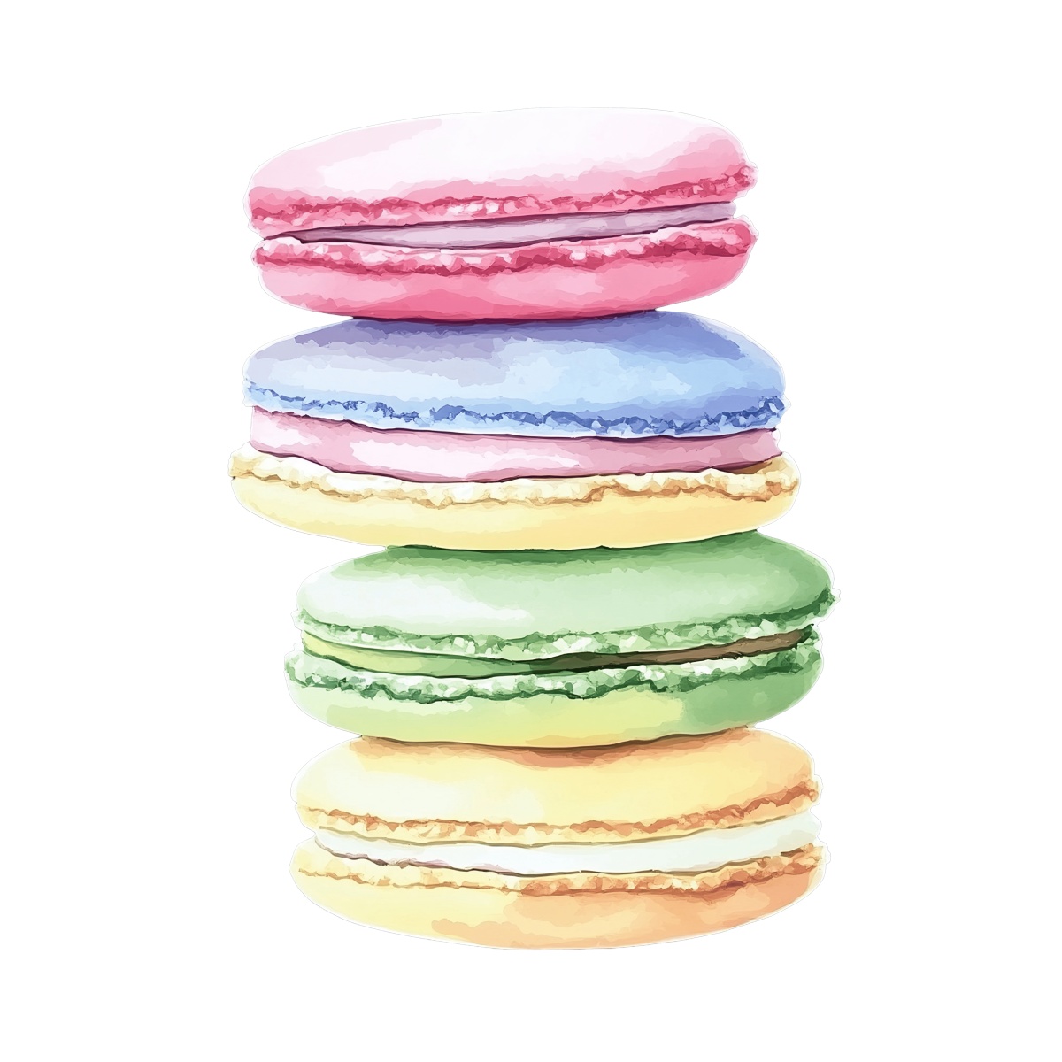 Four colorful macarons stacked in a watercolor style.