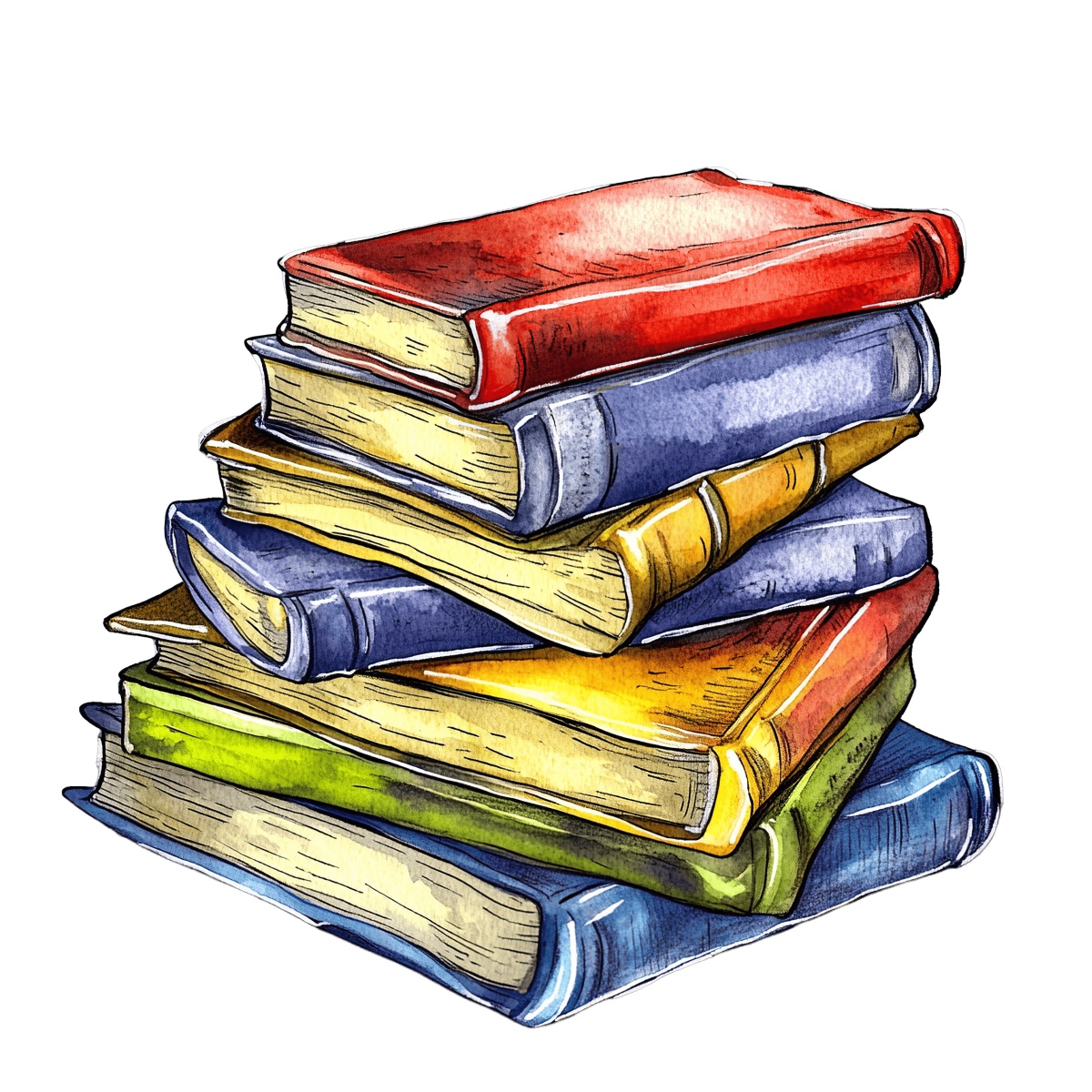Stack of colorful books illustrated in a vibrant watercolor style.