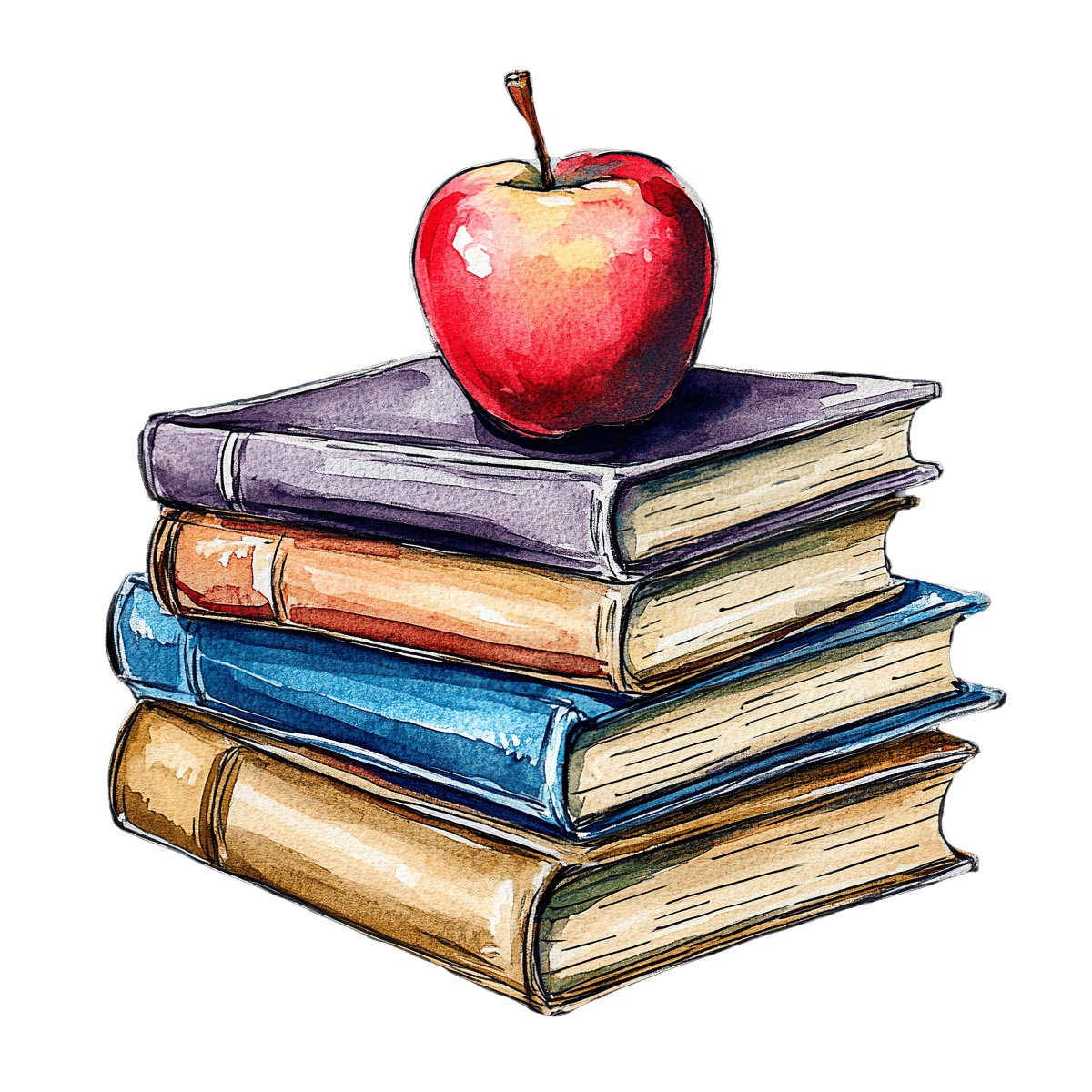 Watercolor illustration of stacked books with a red apple on top.