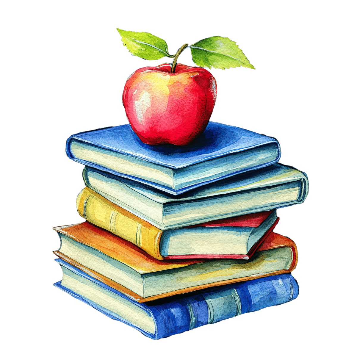 Red apple with leaves on top of a stack of colorful books.