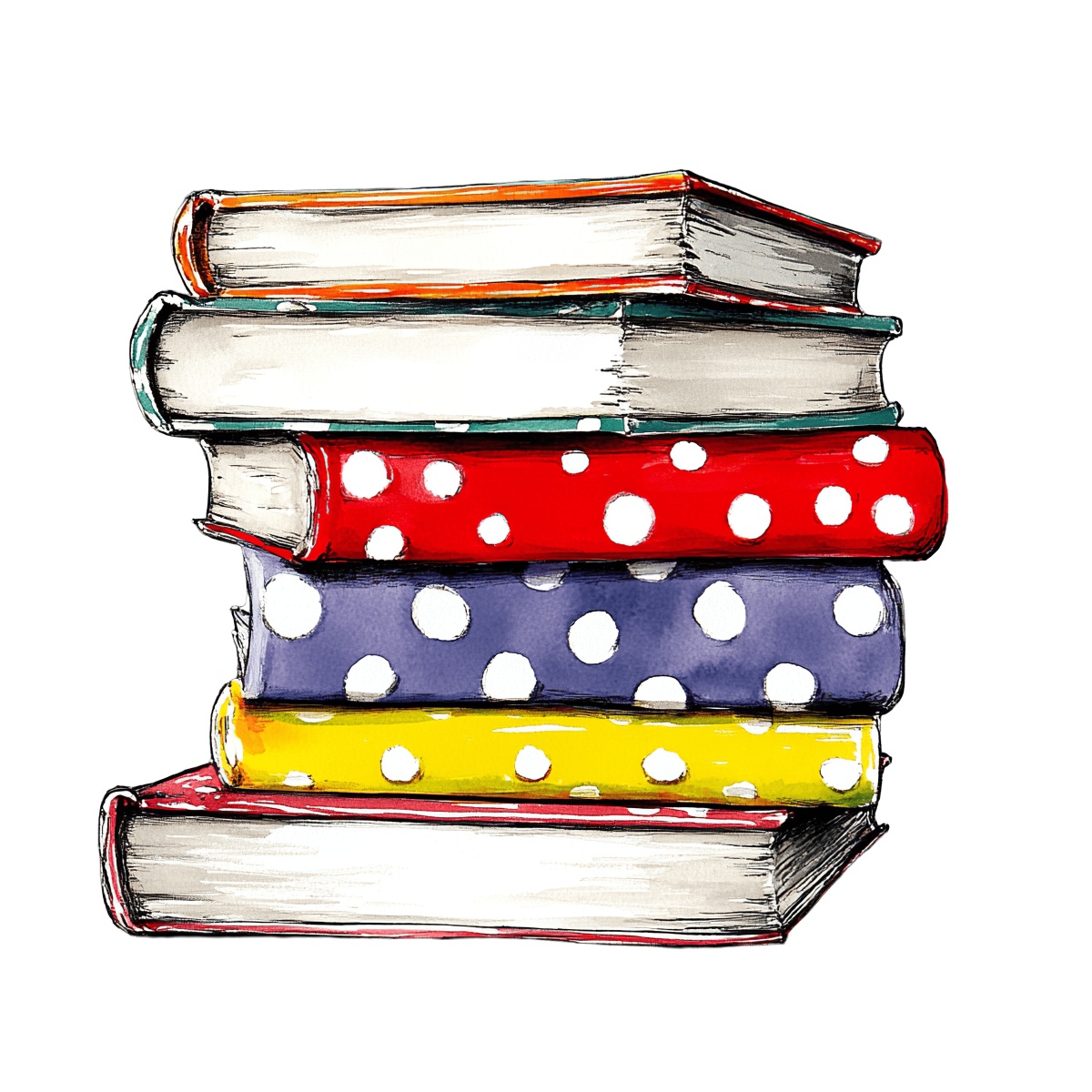 A stack of books with polka dot covers in bright colors.