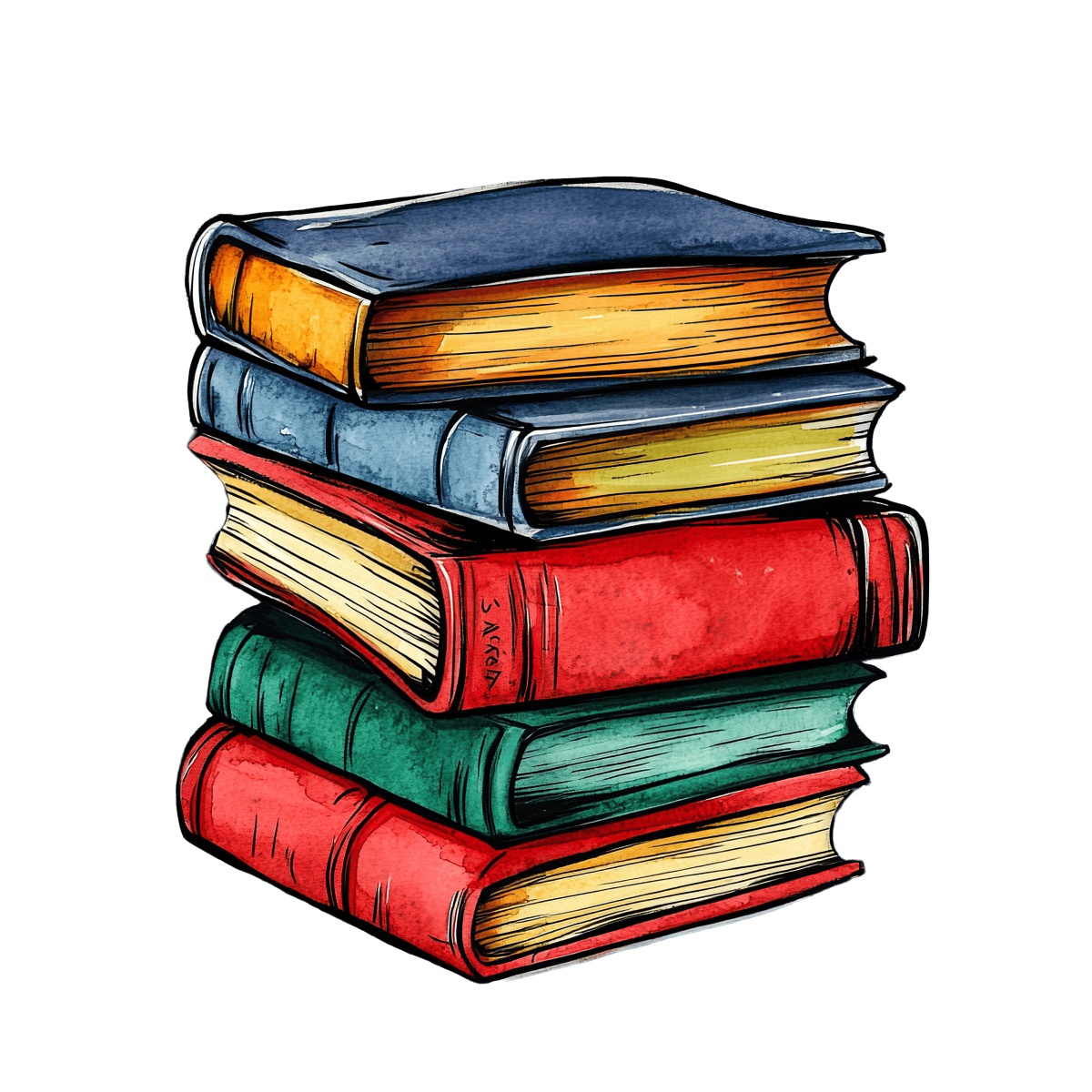 Stack of colorful books with various covers and visible pages.