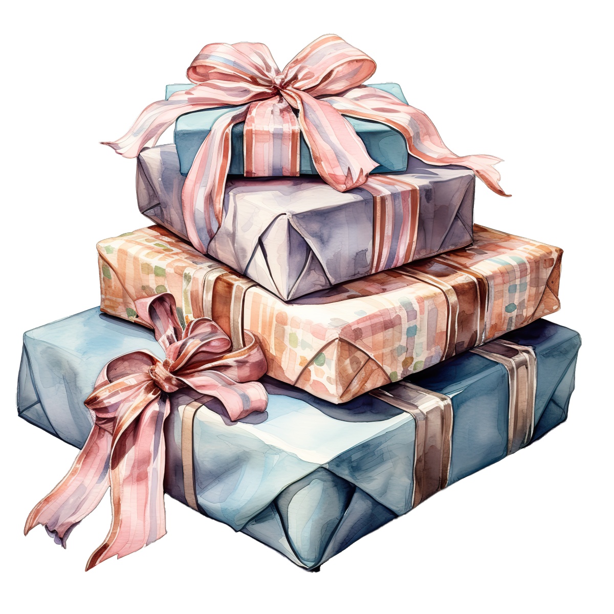 Three decorated gift boxes with ribbons and bows stacked neatly.