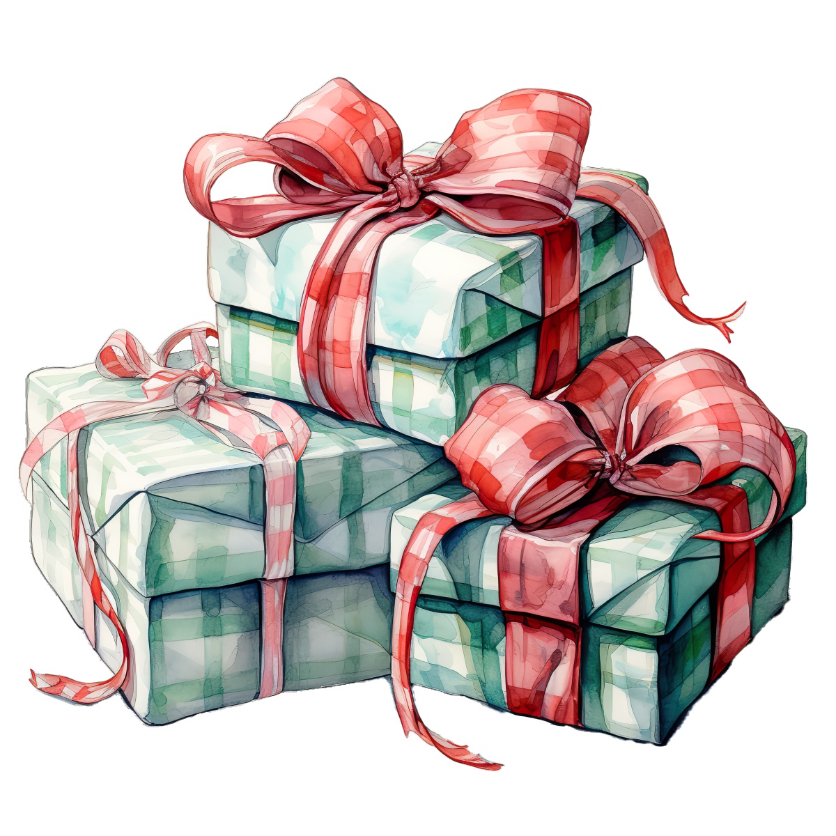 Stack of gift boxes wrapped in red and white checkered ribbons.