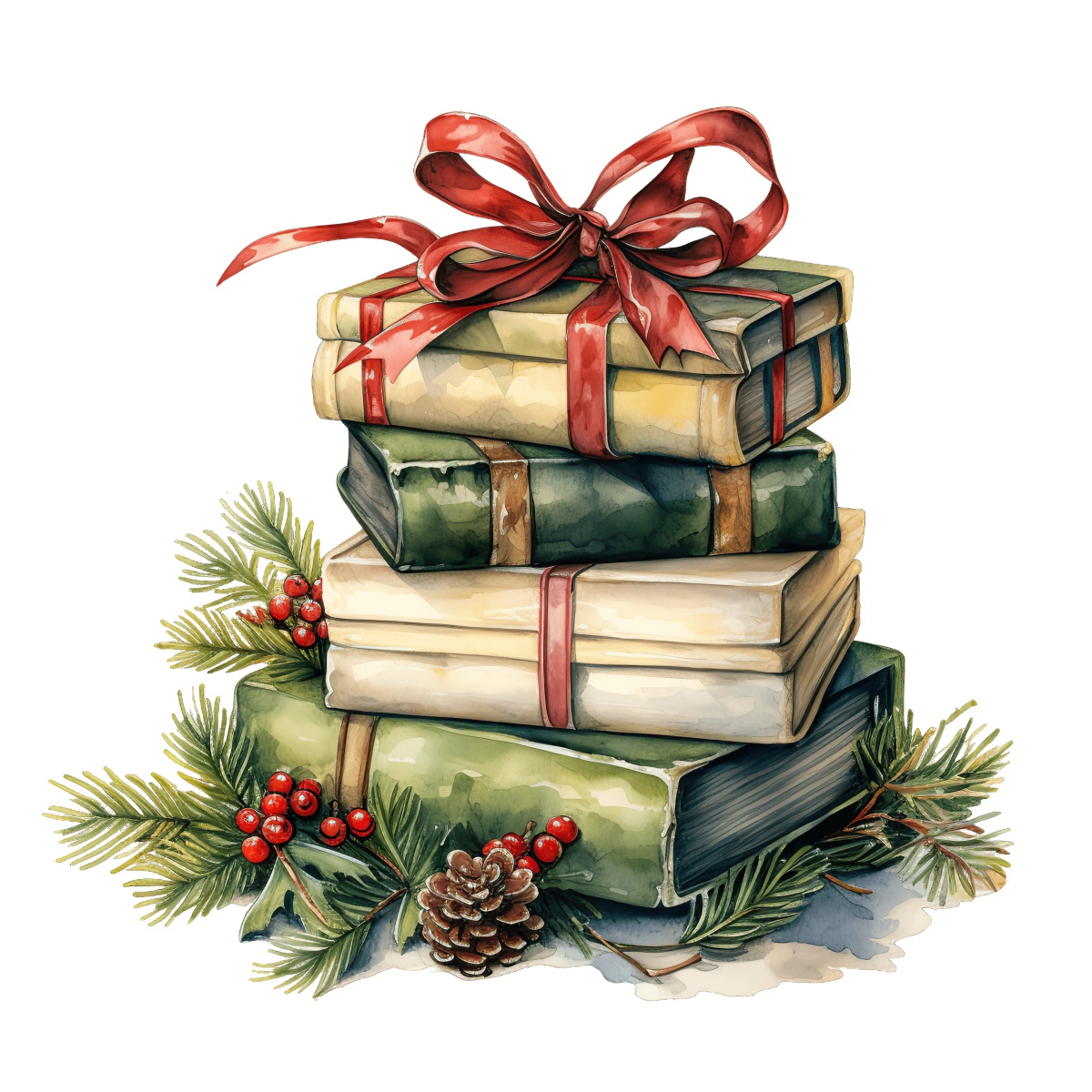 Gift-wrapped books with red ribbons and holiday decorations including pine branches.