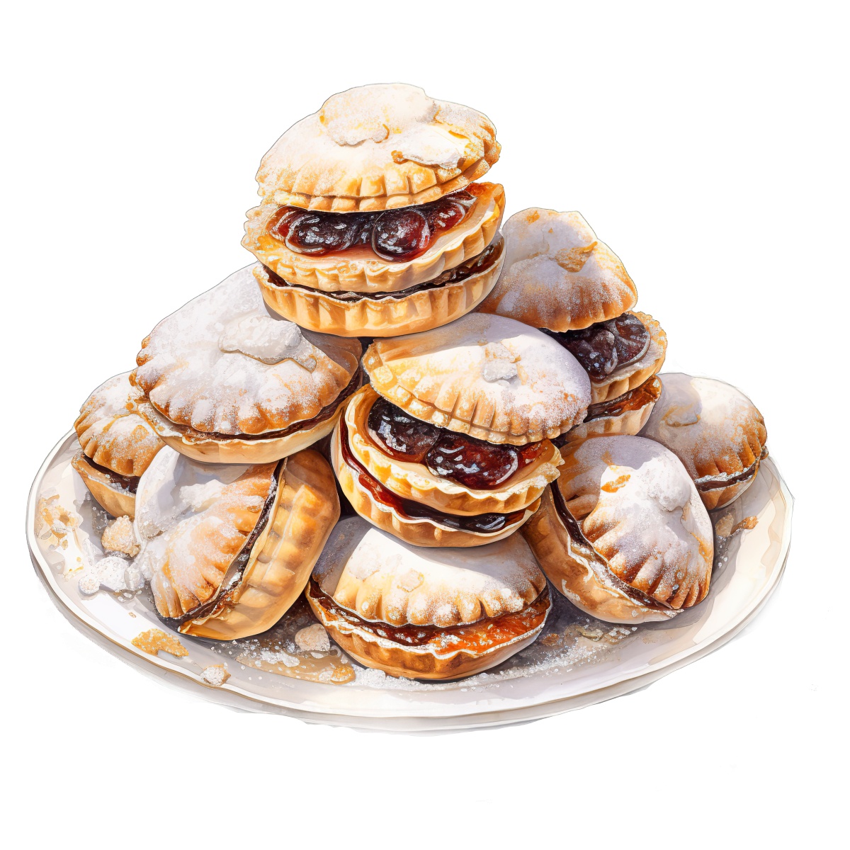 A stack of iced mince pies topped with powdered sugar on a plate.
