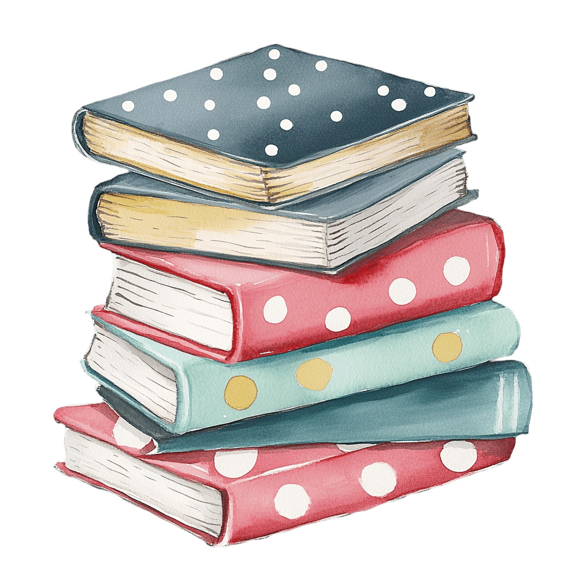 Stack of books with polka dot covers in watercolor style illustration.
