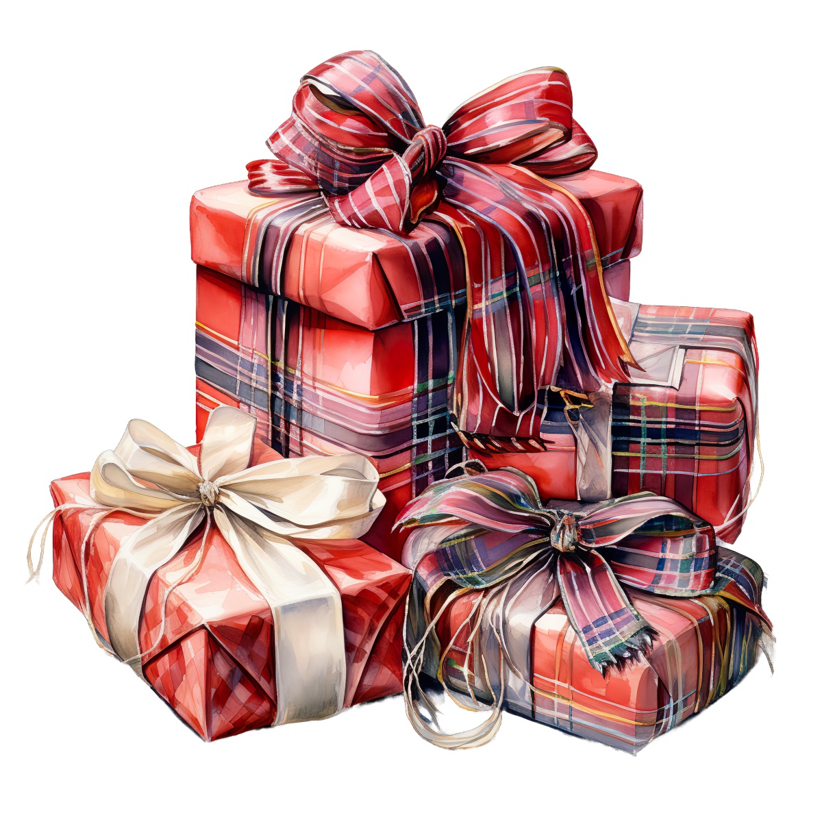 Stack of gifts wrapped in red plaid paper with decorative bows and ribbons.