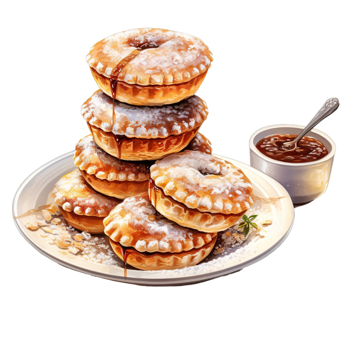 Stack of sugared pastries with syrup and a sauce cup on a plate.