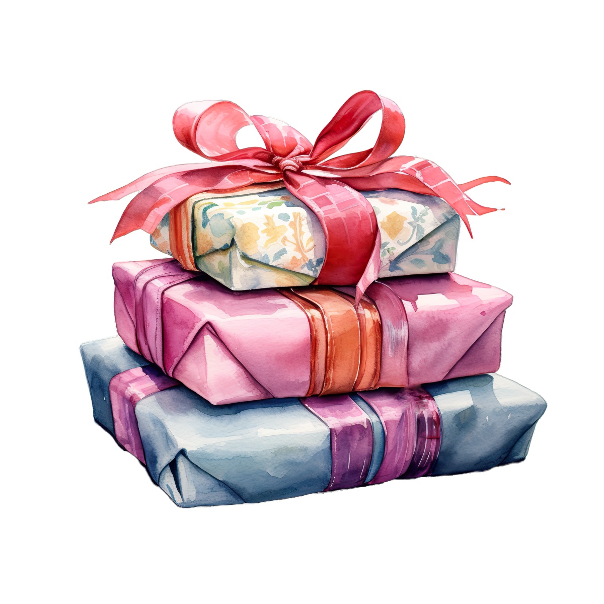 Three stacked, elegantly wrapped gifts with colorful ribbons in pastel shades.