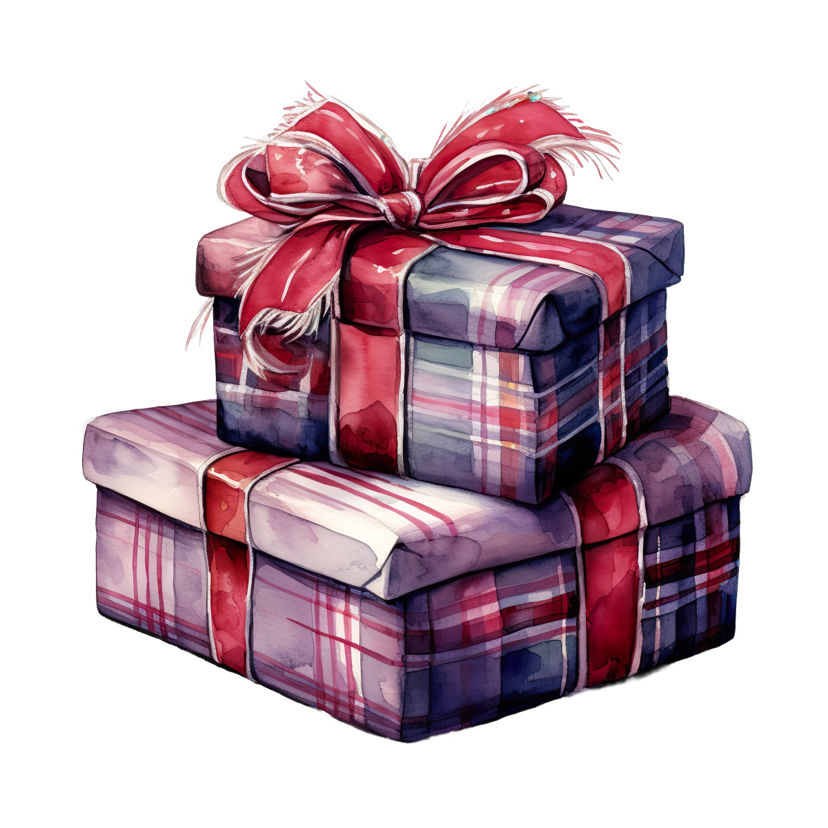 Two plaid gift boxes stacked, wrapped with red ribbons.