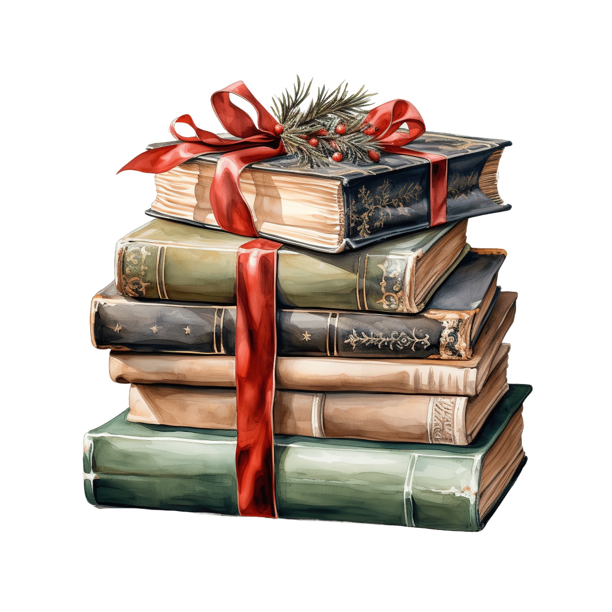 Stack of vintage books tied with red ribbon and holiday foliage.