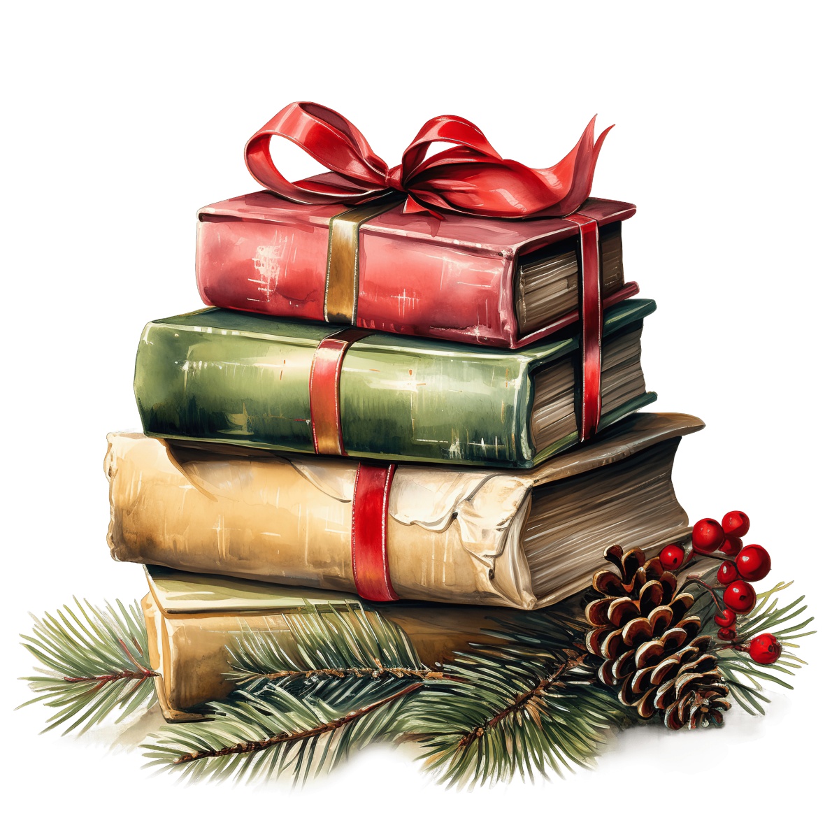 Stack of wrapped books with red ribbons and pinecones for holiday decoration.