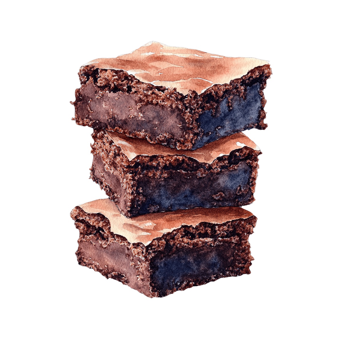 Three chocolate brownies stacked, showcasing a rich and fudgy texture.