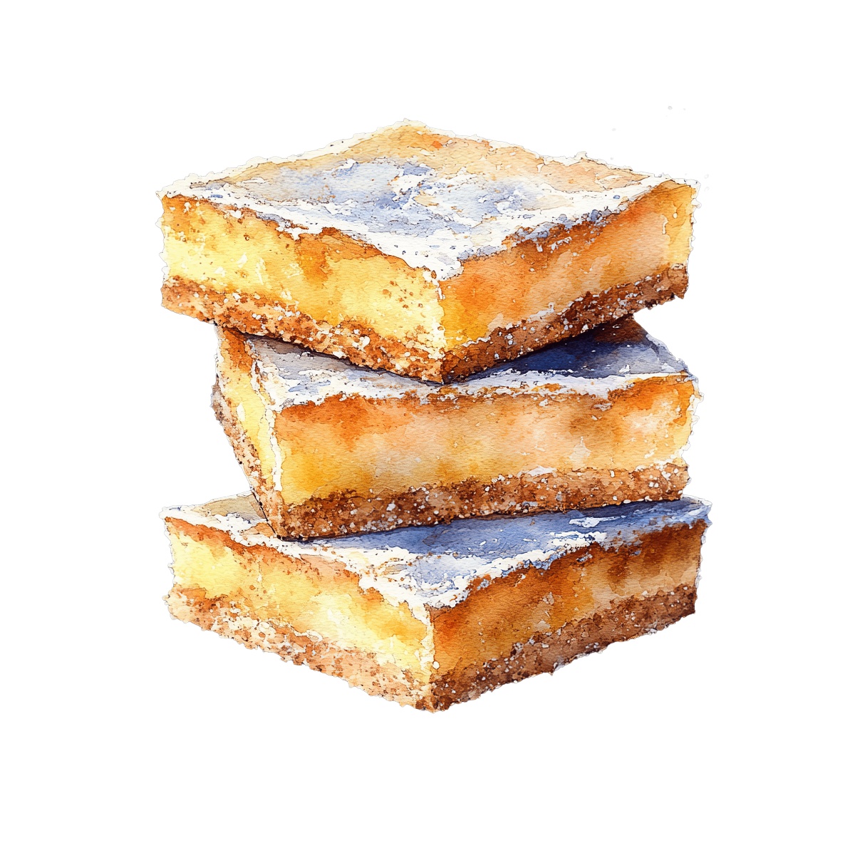 Three lemon bars stacked with powdered sugar on top.