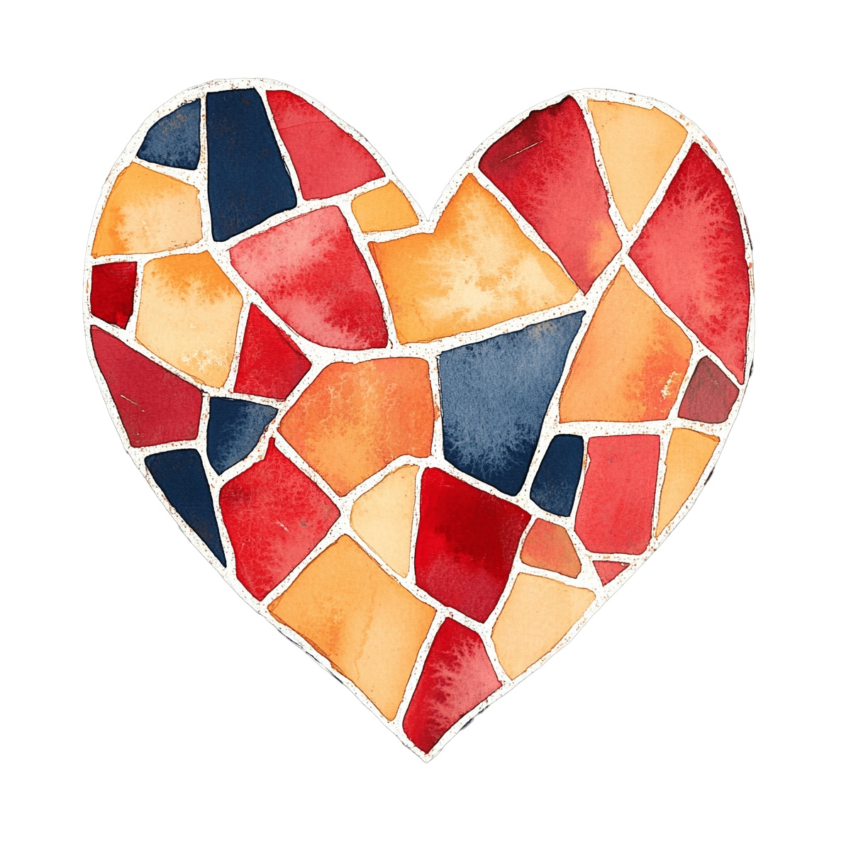 Heart shape with a mosaic pattern featuring red, orange, and blue tiles.