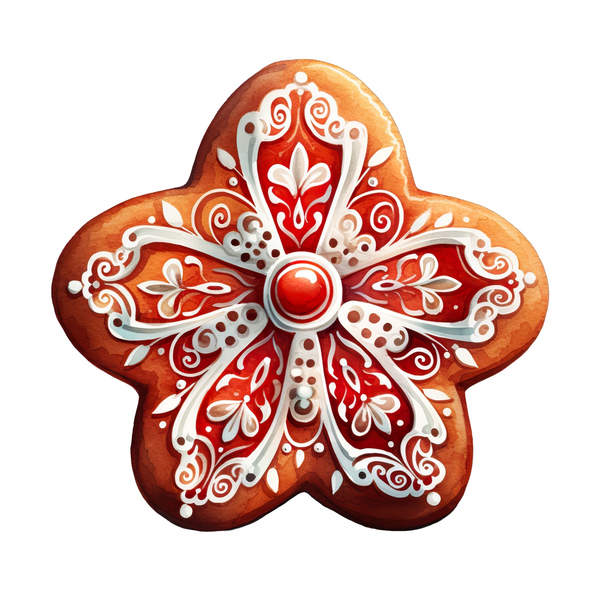 Star-shaped gingerbread cookie featuring ornate white and red icing design.