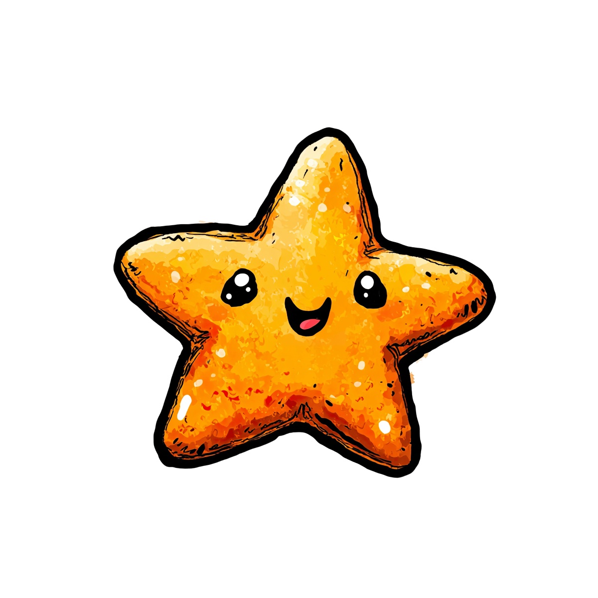 Orange starfish with black eyes and a small mouth, outlined in dark lines.
