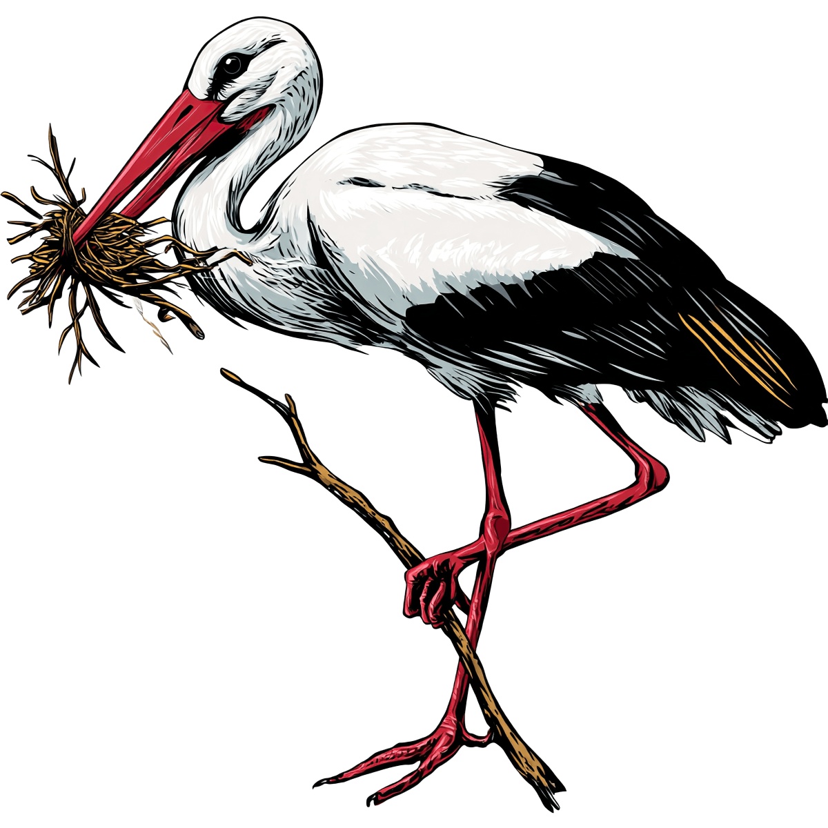Stork holding twig and branch illustration