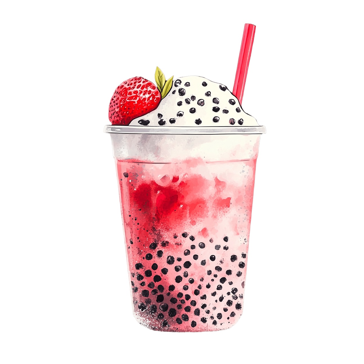 Strawberry bubble tea with cream and tapioca pearls in a cup.