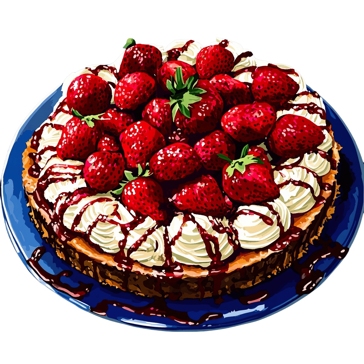 Strawberry cheesecake with whipped cream and chocolate drizzle on a blue plate.