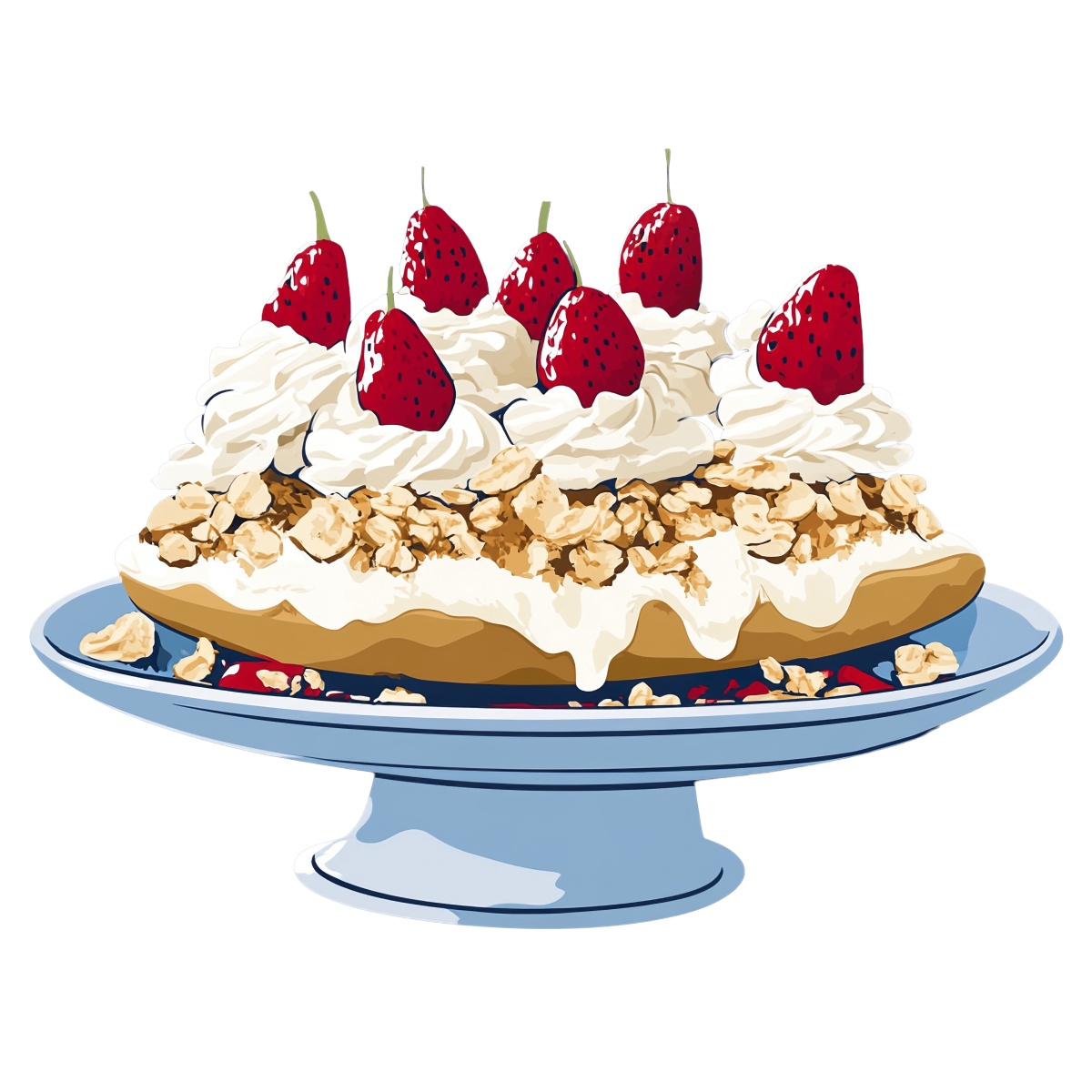Strawberry cream pie with whipped topping and crumble on a blue plate.
