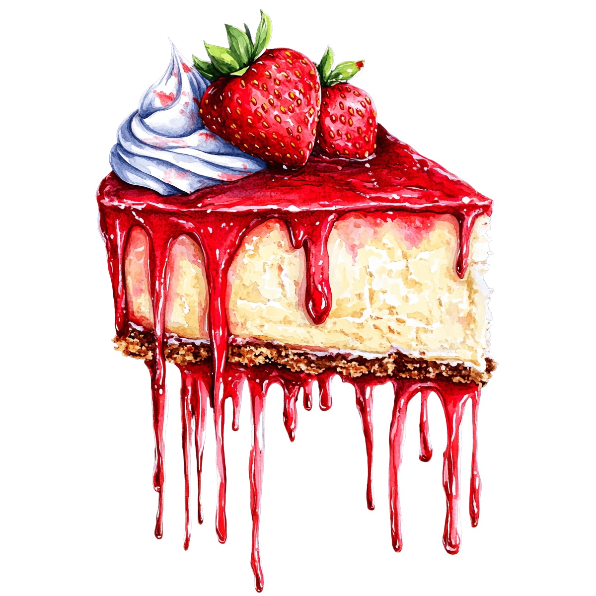 Cheesecake slice with strawberry topping and whipped cream on top.