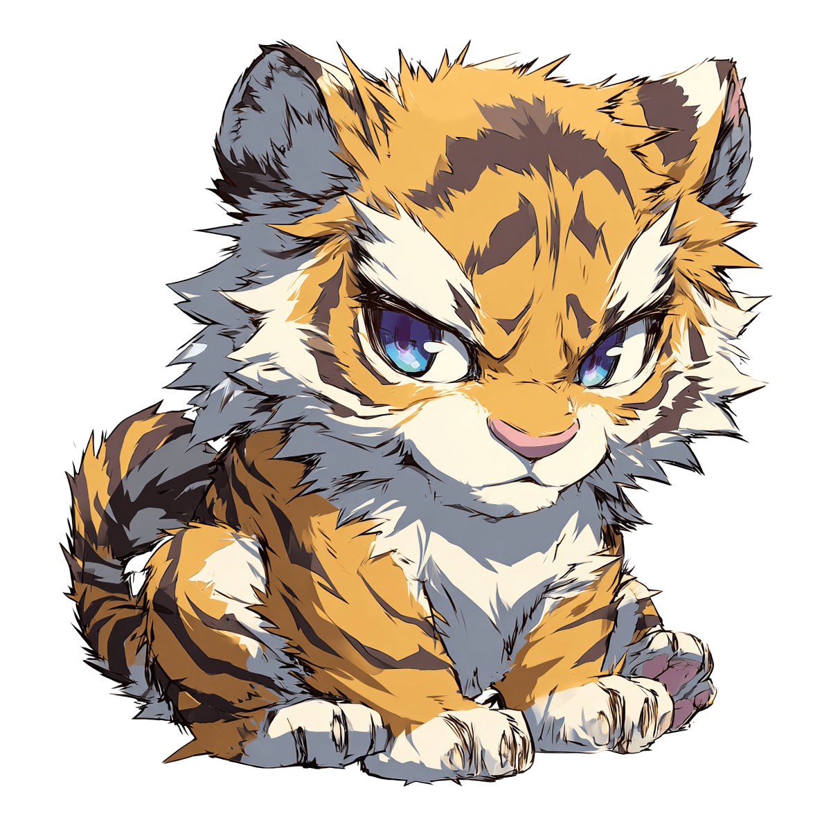 Striped tiger cub illustration with blue eyes and orange fur.