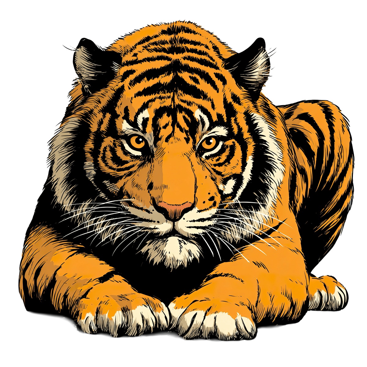 Illustrated tiger with striking stripes and intense gaze.