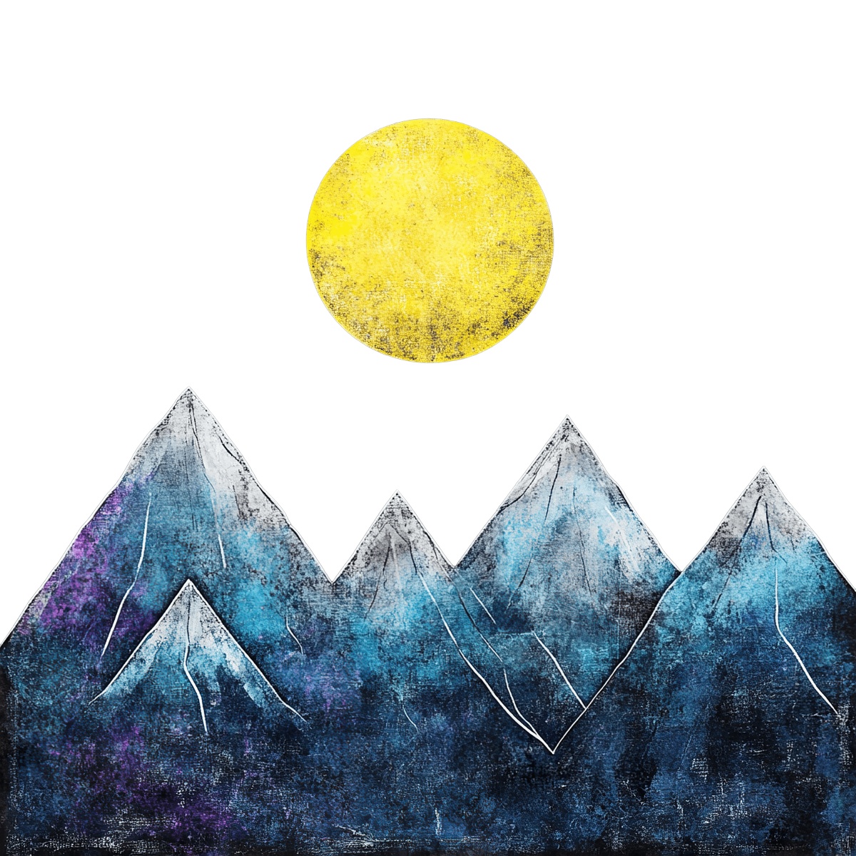Stylized blue mountains under a large yellow sun against black.