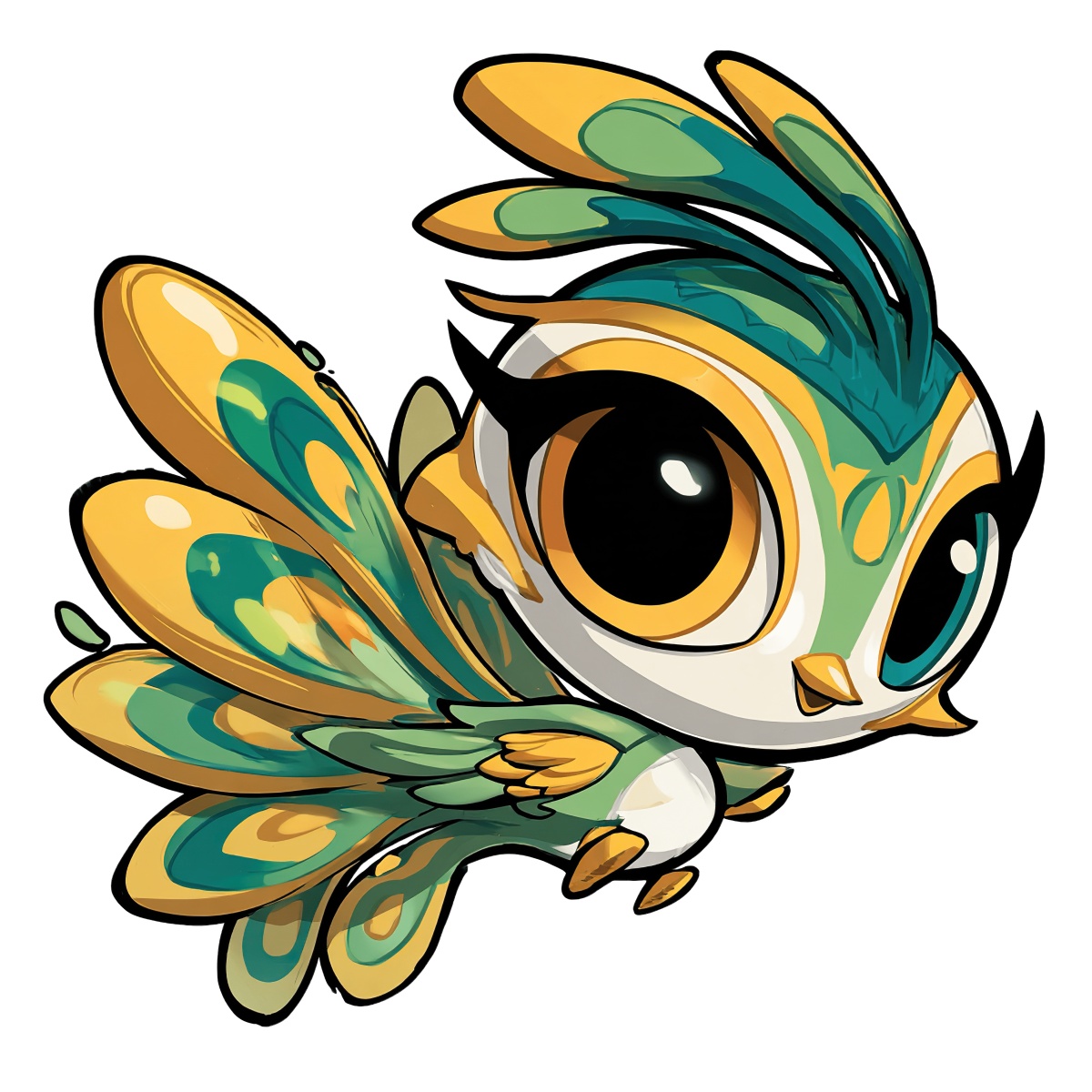 Stylized bird with vibrant teal, yellow, and green feathers and large eyes.