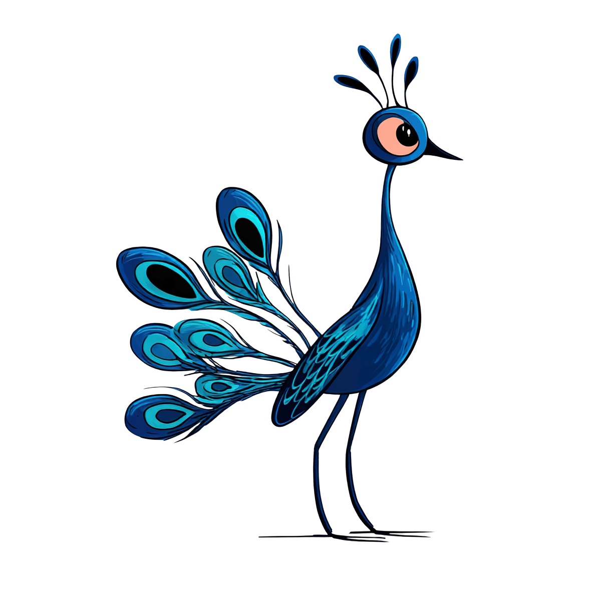 Stylized blue peacock with detailed tail feathers in a vector clipart style.