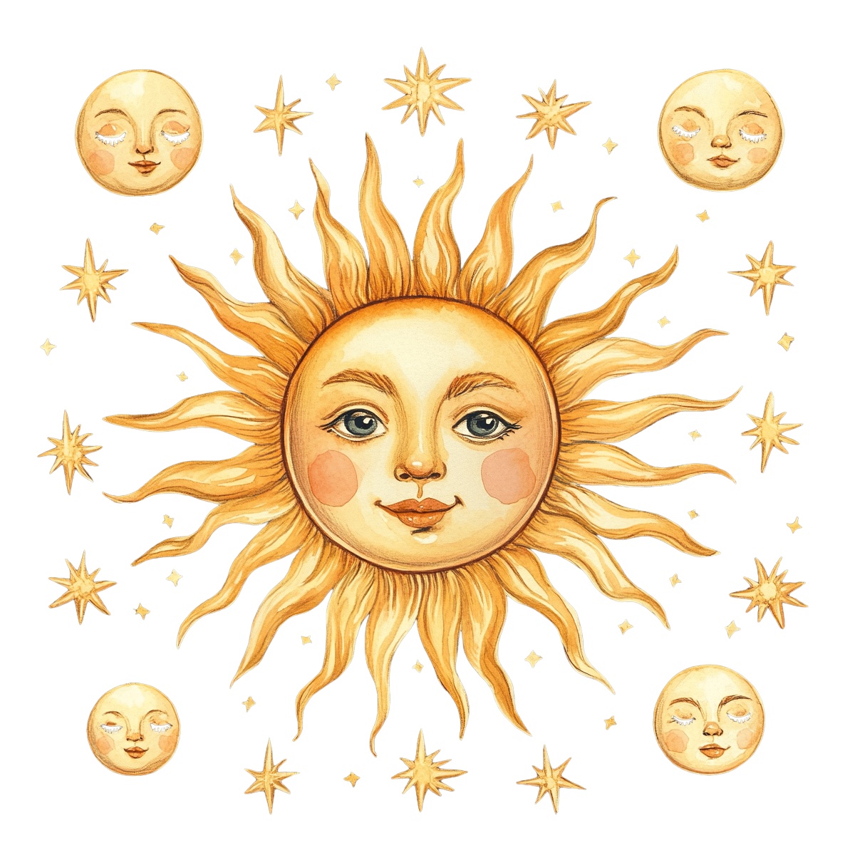 Stylized sun and moon faces with surrounding stars on a black background.