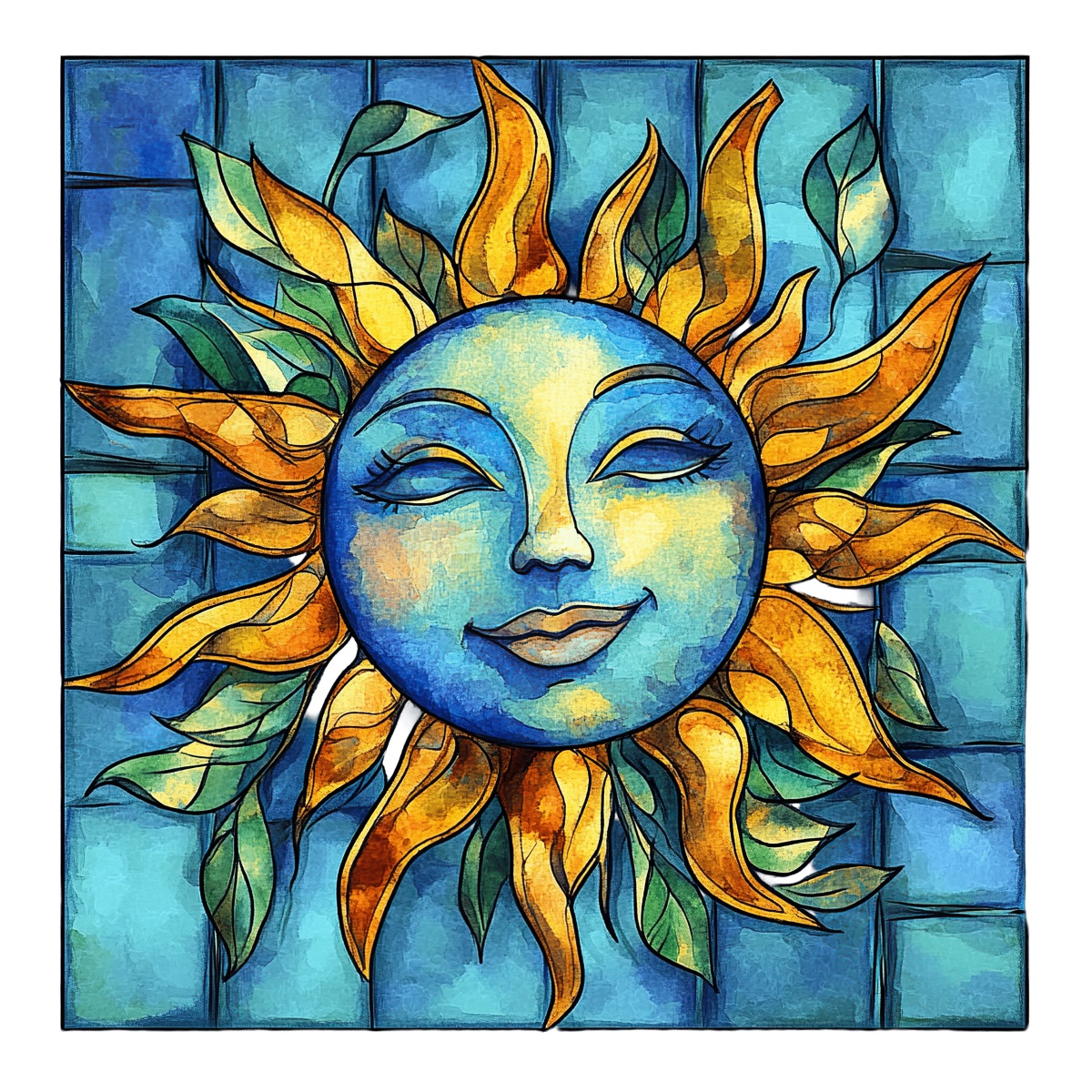 Sun face with colorful leaves and flames on blue tile background.