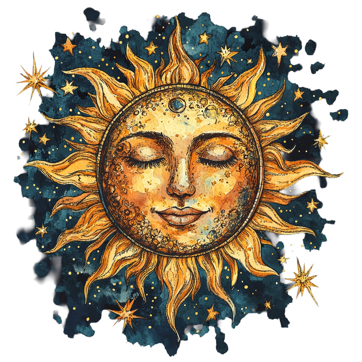 Sun illustration with a textured face surrounded by stars and night sky.