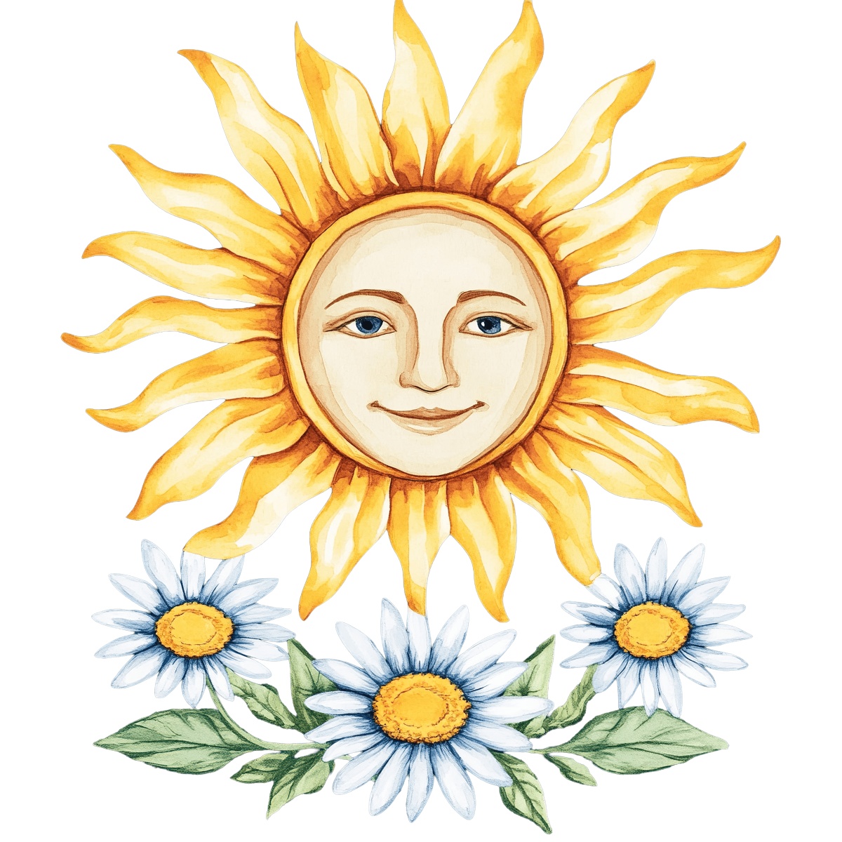 Illustration of a sun with a face and three daisies beneath it.