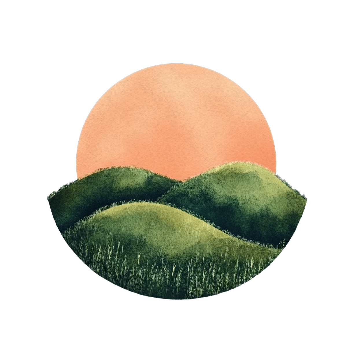 Circular landscape with green hills and a large sunrise in the background.