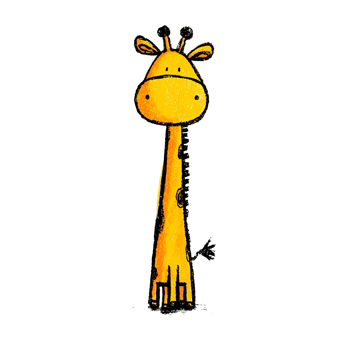 Cartoon giraffe with long neck and spots, yellow and black outlines.