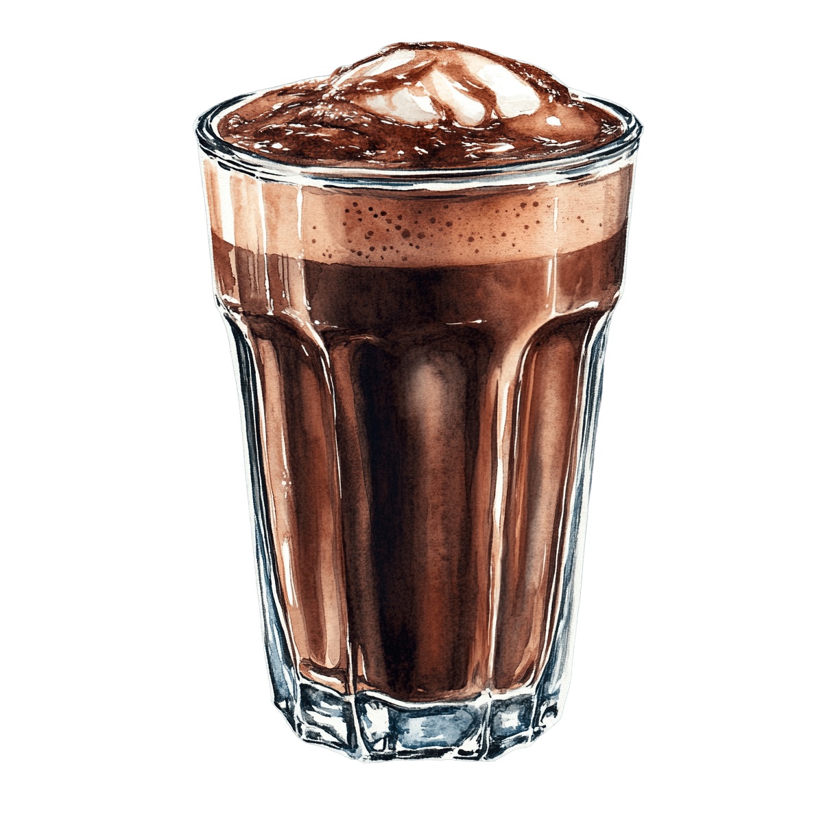 Chocolate milkshake with whipped cream in a tall glass.