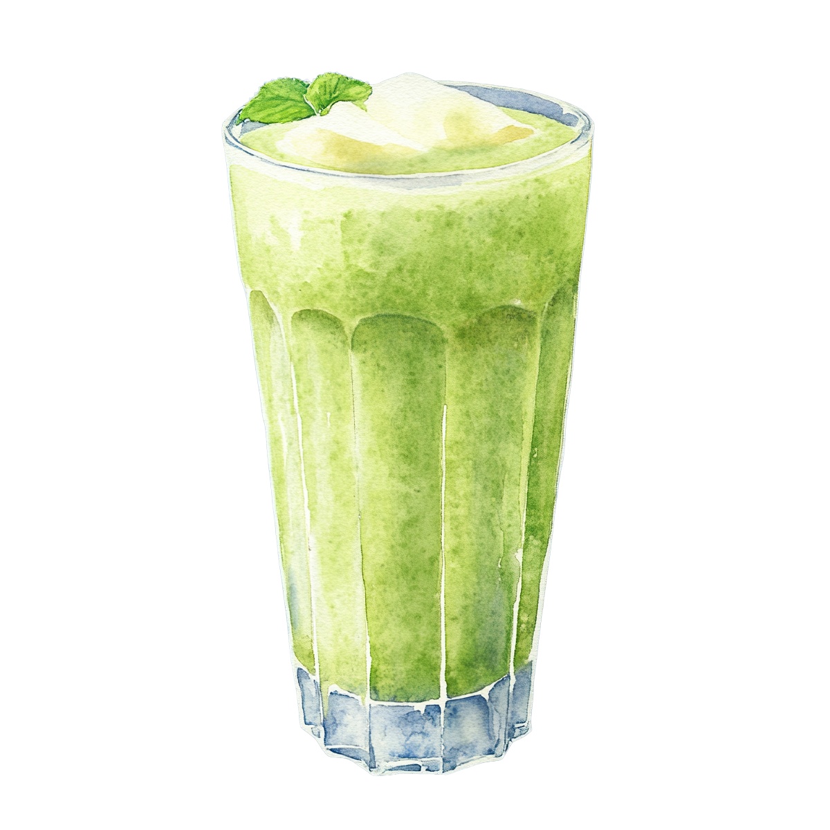 Tall glass of green smoothie with mint leaves on top.